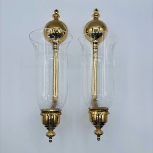 Vintage Pair of Brass & Glass Wall Sconce Candle Holders Large